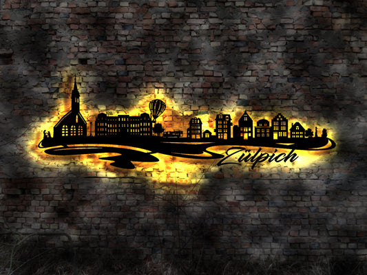 Skyline Zülpich LED Wandbild Holz Stadt AK Karte Map Stadtplan Wandsticker Leuchtbild Neonreklame Wandtattoo Reiseführer Silhouette