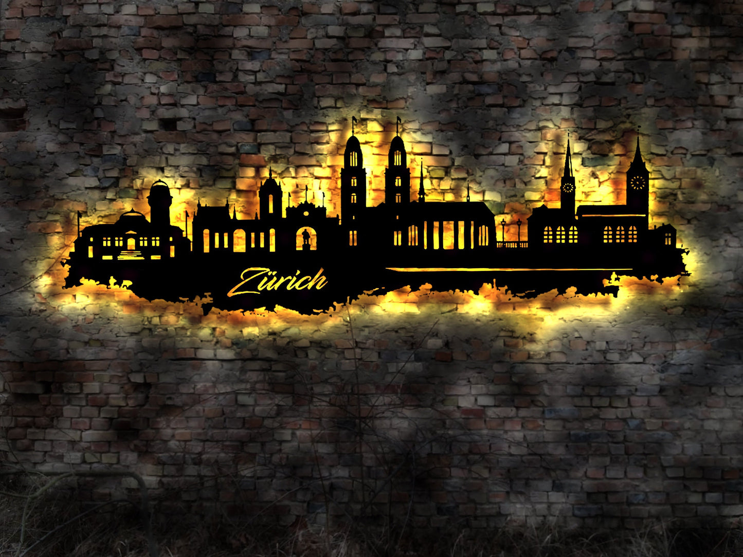 Skyline Zürich LED Wandbild Holz Stadt AK Karte Map Stadtplan Wandsticker Leuchtbild Neonreklame Wandtattoo Reiseführer Silhouette