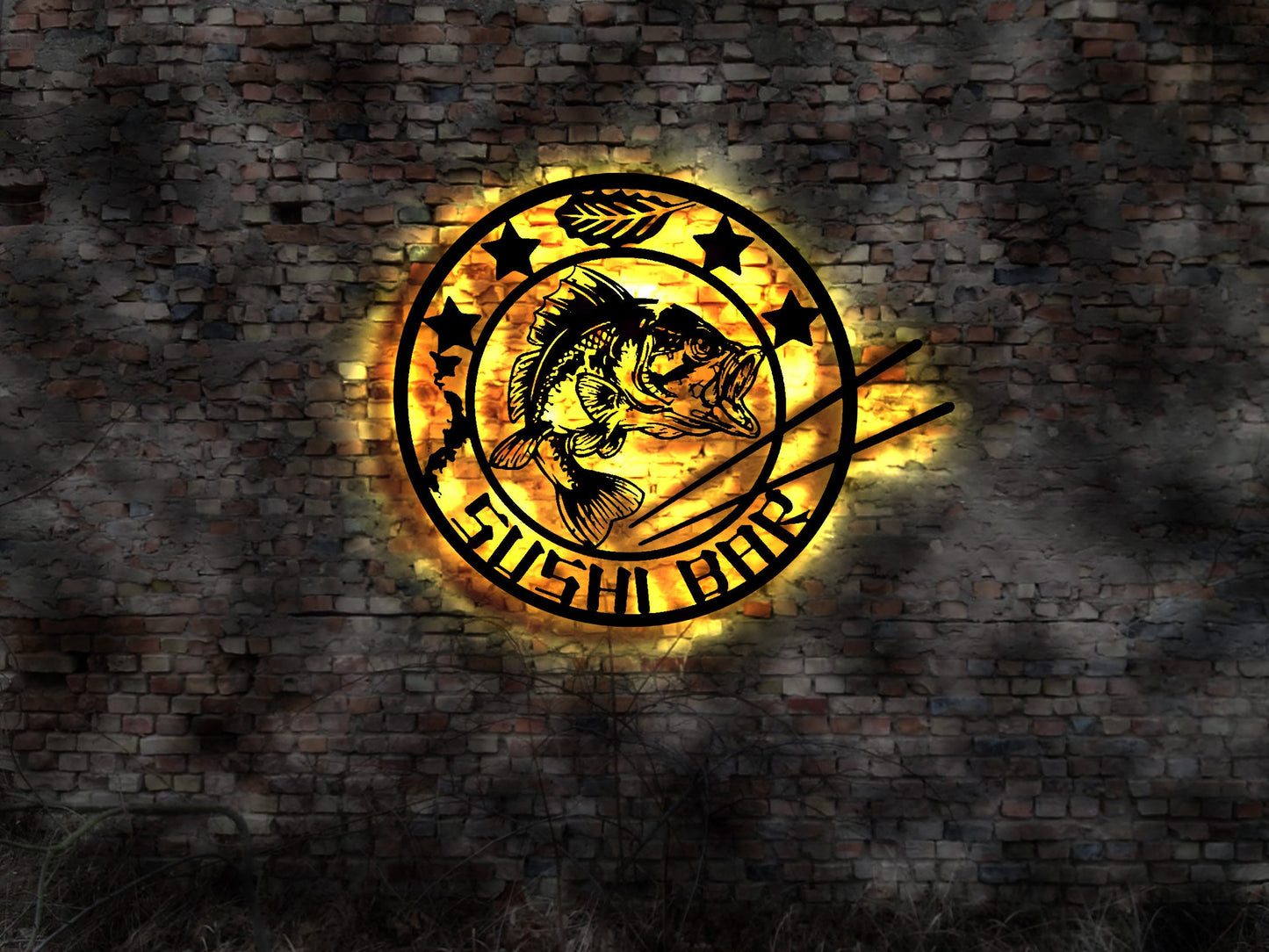 Sushi Bar Japan Japanese Restaurant LED sign Leuchtschild Leuchtreklame Wandbild Wandtattoo Silhouette Emblem Schild sign Wandtattoo Fisch