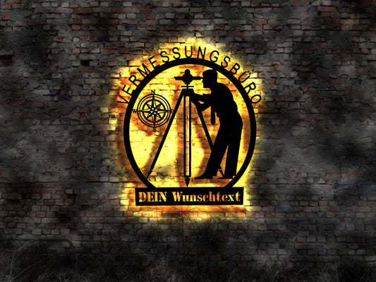 LED Schild Vermesser Vermessungsbüro T-shirt Ausrüstung Logo Stativ Nivelliergerät Rollmaßband Kurvimeter Reißzeug Büro Vermessung