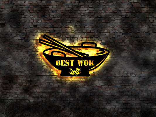 Wok LED Wandbild Pfanne Wokpfanne Wokbrenner Drachen Chniesischer Kelle Löffel China Restaurant Imbiss Schild sign Reiskocher