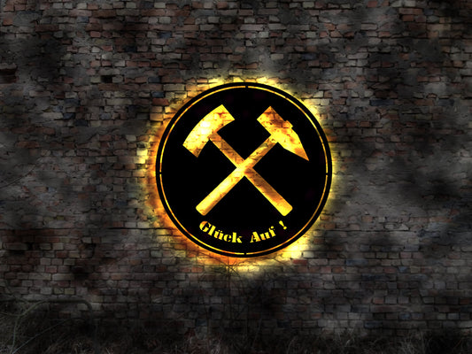 Glückauf Glück auf Bergbau Zeche Kumpel Emblem Fahne T-shirt Schild Leuchtschild LED Leuchtreklame Aufkleber Logo Buch Firmenschild