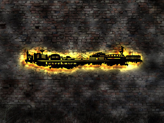 Skyline Leverkusen LED Wandbild   Holz Stadt AK Karte Map Stadtplan Wandsticker Leuchtbild Neonreklame Wandtattoo Reiseführer Silhouette