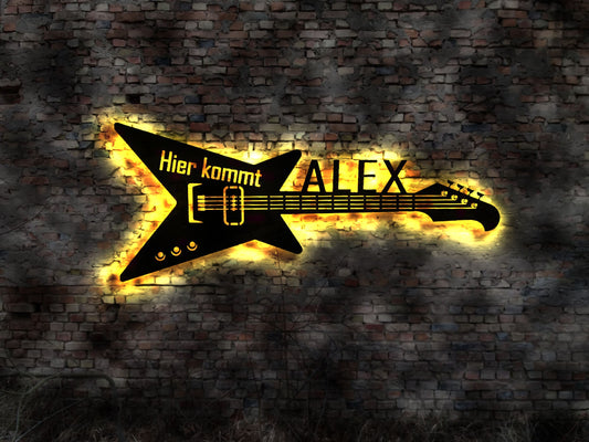 LED Leuchtschild hier kommt Alex Gitarre Guitar Leuchtreklame Schild Neonreklame sign  Wunschtext Anfertigung nach Wunsch Holzschild