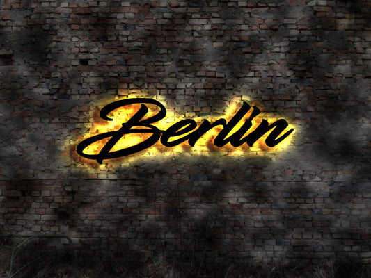 LED Schrift Berlin Wandbild Holz Stadt AK Karte Map Stadtplan Wandsticker Leuchtbild Neonreklame Wandtattoo Reiseführer Silhouette