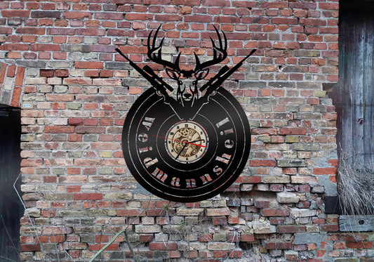Wanduhr Uhr Holzuhr Uhren Ziffernblatt Jagd LED Wandbild Jäger no Aufkleber Revier Buch Fernglas Flinte Jagdmesser sign Leuchtschild Werbung