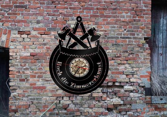 Wanduhr Uhr Holzuhr Uhren Ziffernblatt Zimmerer Zimmermann Schild no Aufkleber Bild Logo T-shirt Hose Hoch die Zimmererkunst Wappen