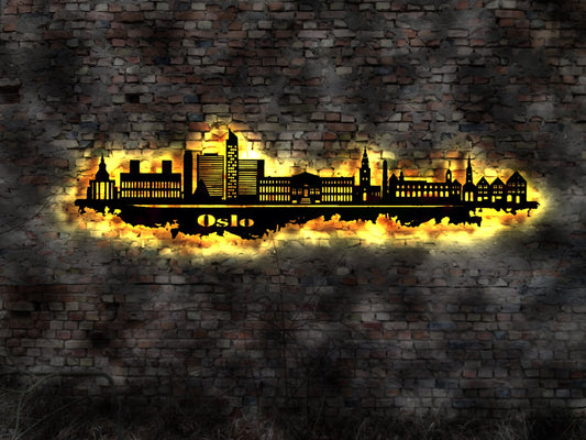 Skyline Oslo Norwegen Hauptstadt  LED Wandbild   Holz Stadt AK Karte Map Stadtplan Wandsticker Leuchtbild Wandtattoo Reiseführer Silhouette