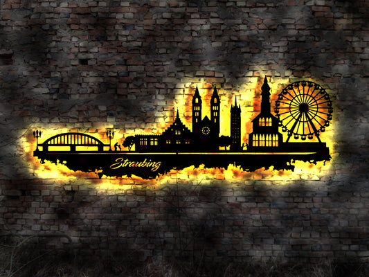 Skyline Straubing Stadt  LED Wandbild   Holz Stadt AK Karte Map Stadtplan Wandsticker Leuchtbild Wandtattoo Reiseführer Silhouette