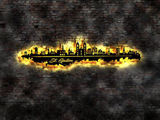 Skyline St. Sankt Gallen Schweiz  LED Wandbild Holz Stadt AK Karte Map Stadtplan Wandsticker Leuchtbild Wandtattoo Reiseführer Silhouette