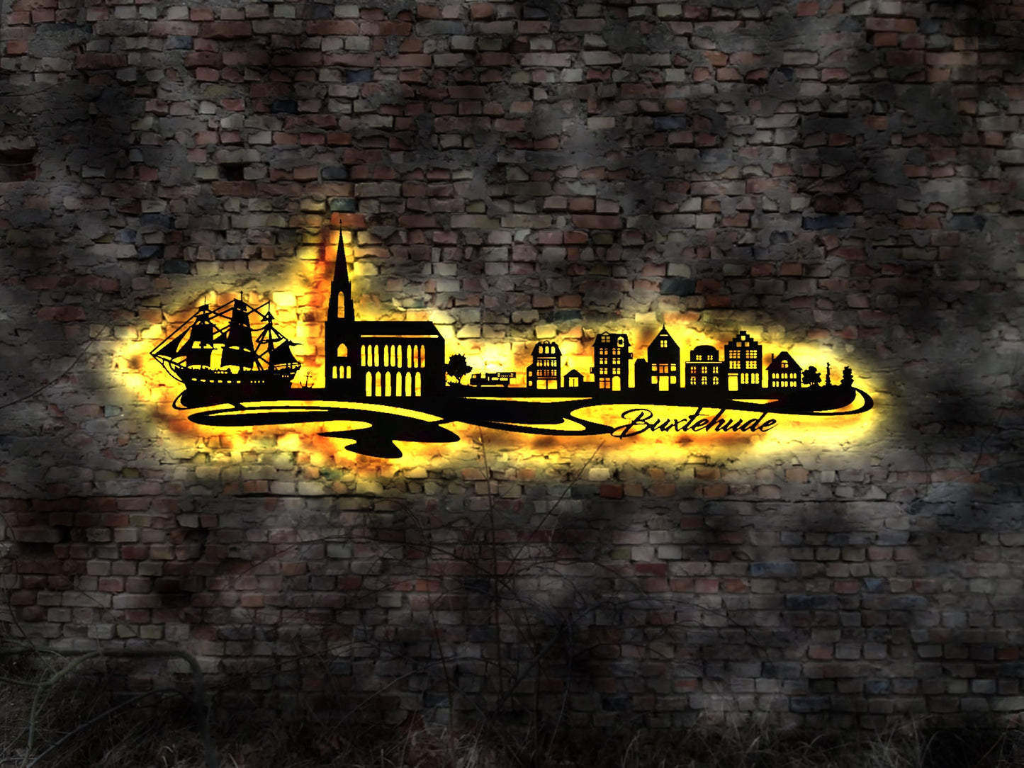 Skyline Buxtehude  LED Wandbild Holz Stadt AK Karte Map Stadtplan Wandsticker Leuchtbild Wandtattoo Reiseführer Silhouette