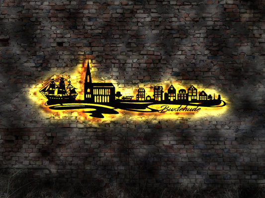Skyline Buxtehude  LED Wandbild Holz Stadt AK Karte Map Stadtplan Wandsticker Leuchtbild Wandtattoo Reiseführer Silhouette