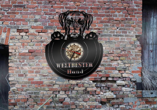Wanduhr Uhr Holzuhr Uhren Ziffernblatt Clock Holz Armbanduhr Boxer Dog Hund wood wall sign sticker Welpen Welpe