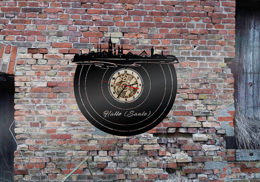 Wanduhr Uhr Holzuhr Uhren Ziffernblatt Skyline Halle Saale  Stadt  Karte Map Wandsticker Leuchtbild Neonreklame Wandtattoo Reiseführer