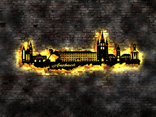 Skyline Ansbach LED Wandbild   Holz Stadt AK Karte Map Stadtplan Wandsticker Leuchtbild Neonreklame Wandtattoo Reiseführer Silhouette