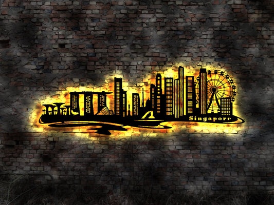 Skyline Singapore Asia Singapur  LED Wandbild   Holz Stadt AK Karte Map Stadtplan Wandsticker Leuchtbild Wandtattoo Reiseführer Silhouette
