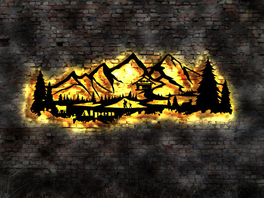 Skyline Alpen Gebirge  Wandbild Holz Stadt AK Karte Map Stadtplan Wandsticker Leuchtbild Neonreklame Wandtattoo Reiseführer Silhouette