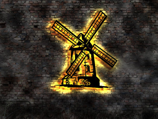 LED Wandbild Bild Silhouette Leuchtturm Küste Küstenlandschaft Meer Norden historische Leuchtreklame Schild Windmühle Windrad Mühle