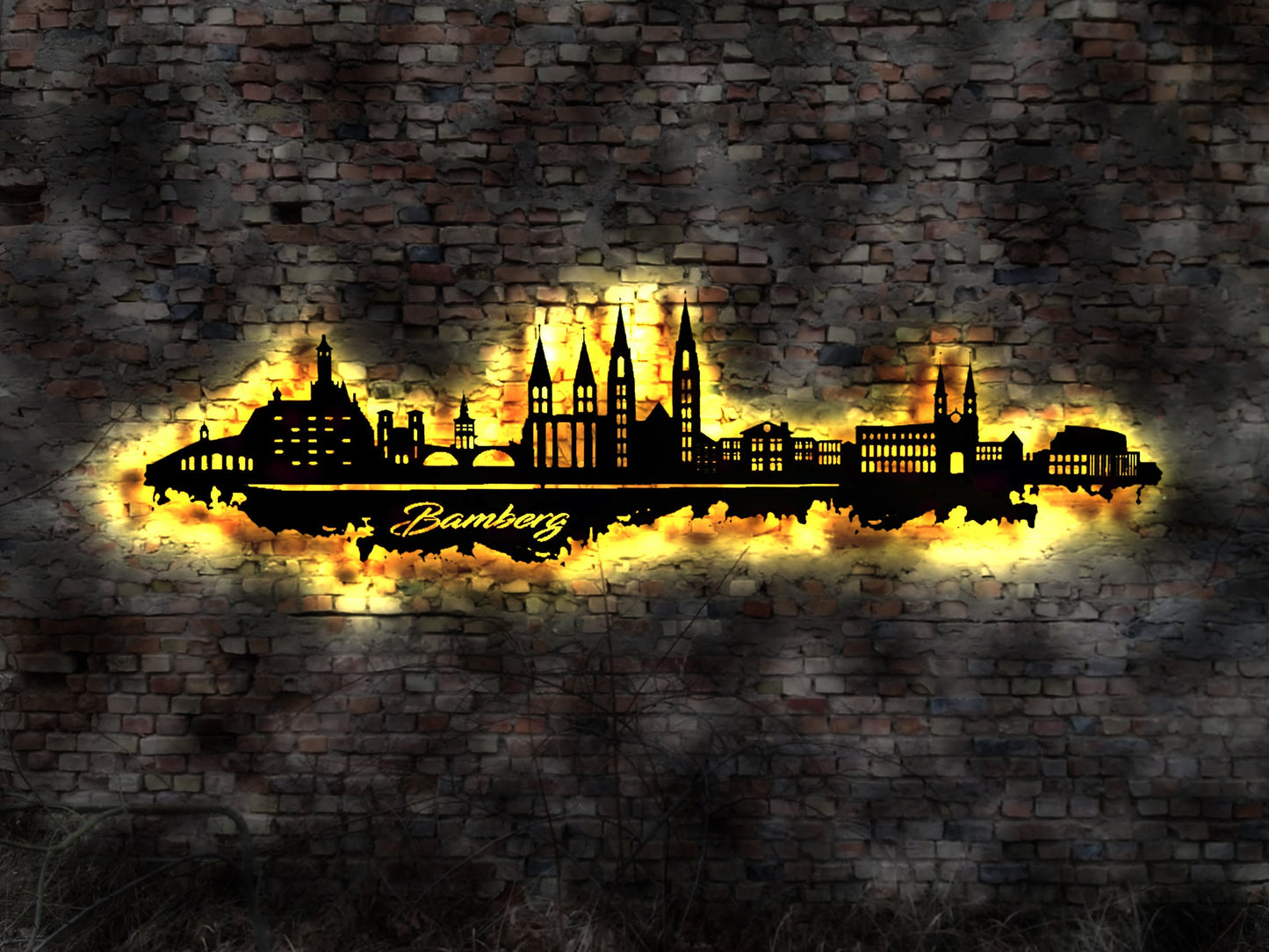 Skyline Bamberg Stadt  LED Wandbild   Holz Stadt AK Karte Map Stadtplan Wandsticker Leuchtbild Wandtattoo Reiseführer Silhouette