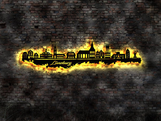 Skyline Lüneburg  Stadt  LED Wandbild   Holz Stadt AK Karte Map Stadtplan Wandsticker Leuchtbild Wandtattoo Reiseführer Silhouette