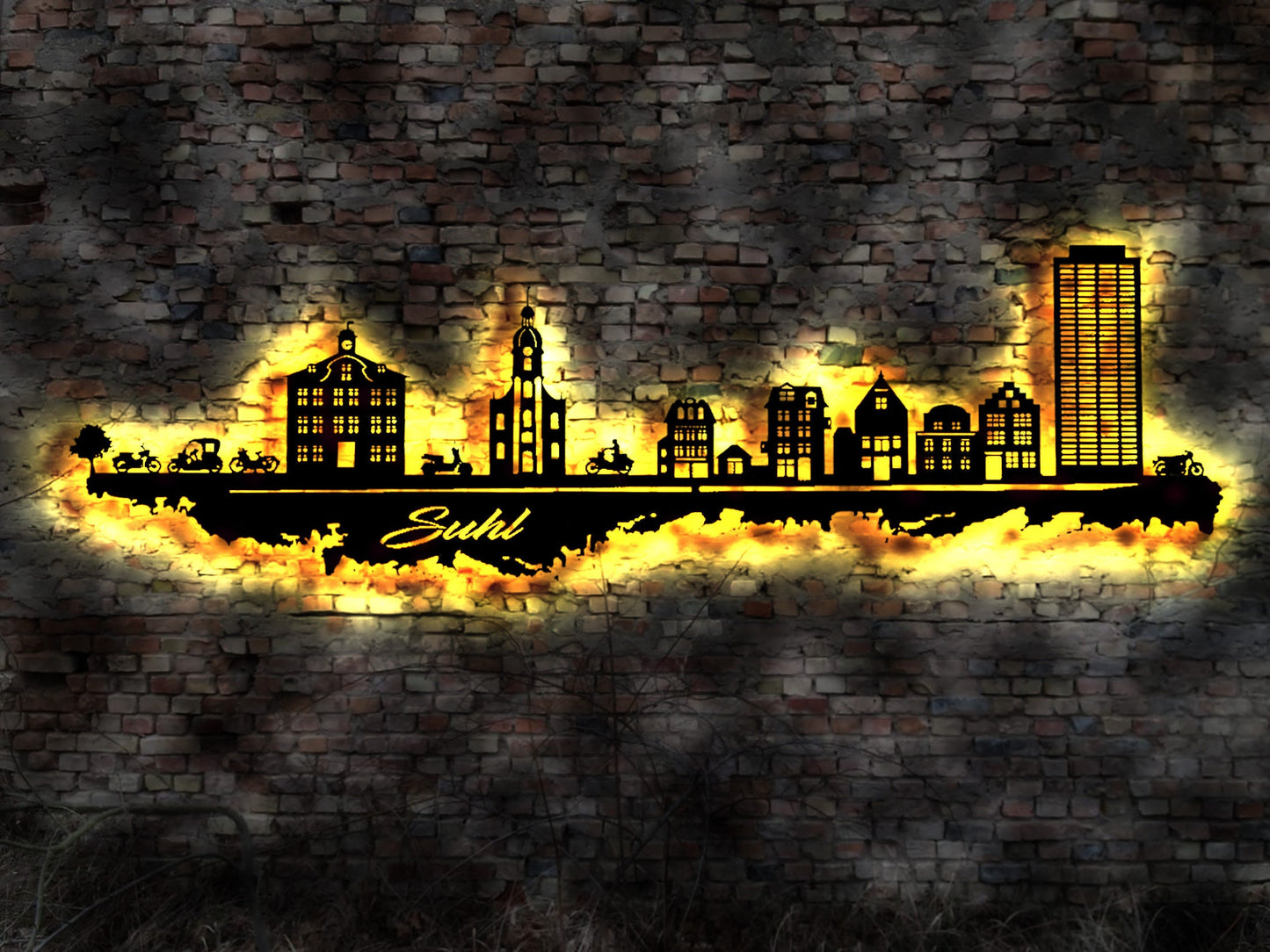 Skyline Suhl  LED Wandbild Holz Stadt AK Karte Map Stadtplan Wandsticker Leuchtbild Neonreklame Wandtattoo Reiseführer Silhouette