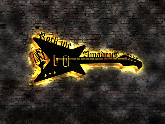 LED Leuchtschild Rock me Amadeus  Gitarre Guitar Leuchtreklame Schild Neonreklame sign  Wunschtext Anfertigung nach Wunsch Holzschild