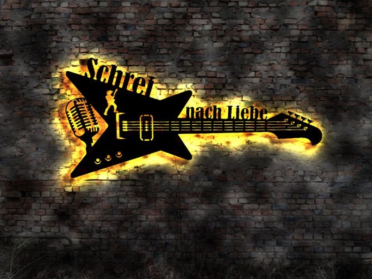 LED Leuchtschild Schrei nach Liebe  Gitarre Guitar Leuchtreklame Schild Neonreklame sign  Wunschtext Anfertigung nach Wunsch Holzschild