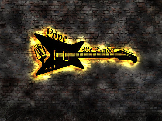 LED Leuchtschild Love me Tender Gitarre Guitar Leuchtreklame Schild Neonreklame sign  Wunschtext Anfertigung nach Wunsch Holzschild