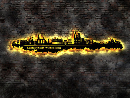Skyline Lutherstadt Wittenberg  LED Wandbild Holz Stadt AK Karte Map Stadtplan Wandsticker Leuchtbild Wandtattoo Reiseführer Silhouette