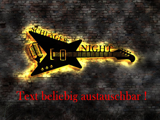 LED Leuchtschild Schlager - Night Guitar Gitarre Guitar Leuchtreklame Schild Neonreklame sign  Wunschtext Anfertigung nach Wunsch Holzschild