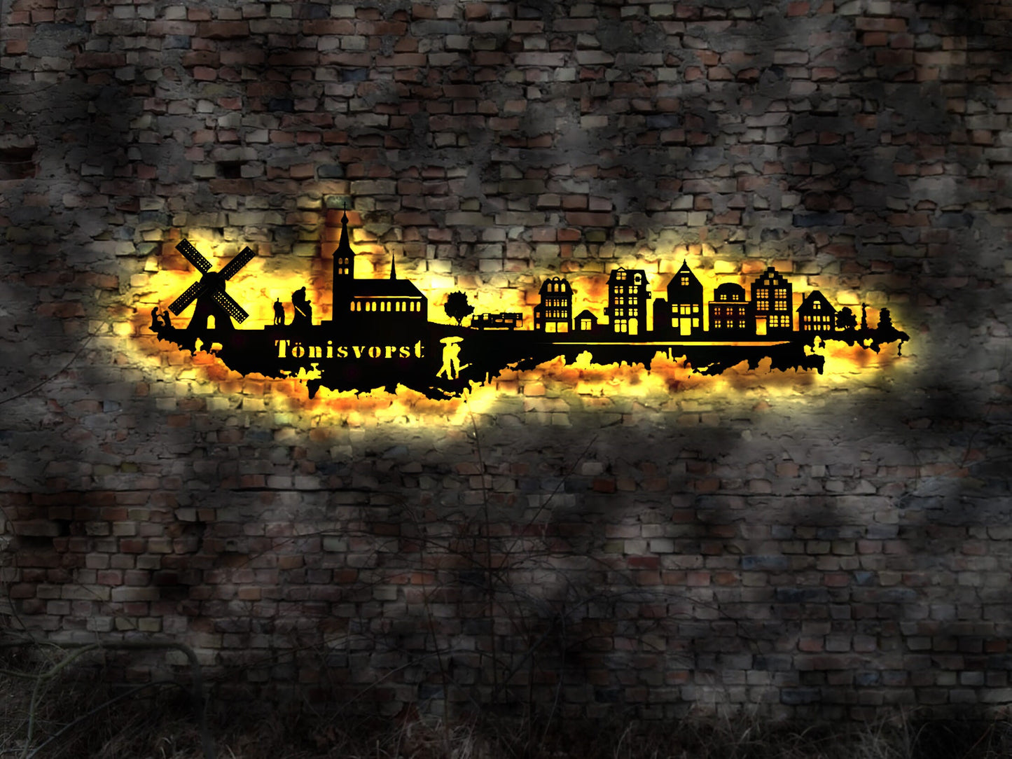 Skyline Tönisvorst NRW  LED Wandbild Holz Stadt AK Karte Map Stadtplan Wandsticker Leuchtbild Neonreklame Wandtattoo Reiseführer Silhouette