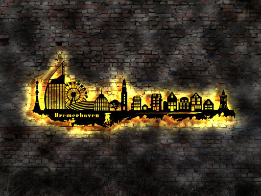 Skyline Bremerhaven LED Wandbild Holz Stadt AK Karte Map Stadtplan Wandsticker Leuchtbild Neonreklame Wandtattoo Reiseführer Silhouette