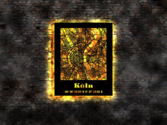LED Bild Köln  Stadt Stadtplan Skyline Bild Wanddeko Wandtattoo Wandsticker Wanddeko Stadt AK Gemälde Wandbild Zeichnung Holz Silhouette