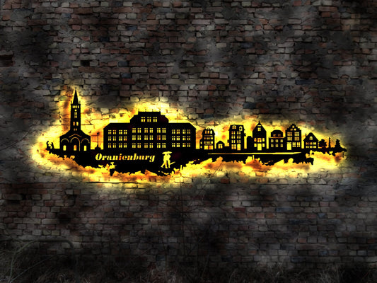 Skyline Oranienburg LED Wandbild Holz Stadt AK Karte Map Stadtplan Wandsticker Leuchtbild Neonreklame Wandtattoo Reiseführer Silhouette