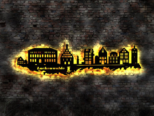 Skyline Luckenwalde  LED Wandbild Holz Stadt AK Karte Map Stadtplan Wandsticker Leuchtbild Neonreklame Wandtattoo Reiseführer Silhouette