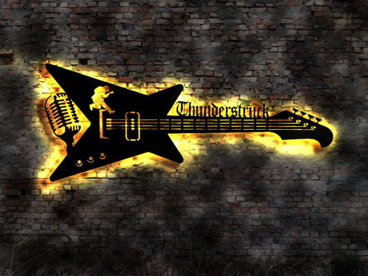 LED Leuchtschild Thunderstruck Gitarre Guitar Leuchtreklame Schild Neonreklame sign  Wunschtext Anfertigung nach Wunsch Holzschild