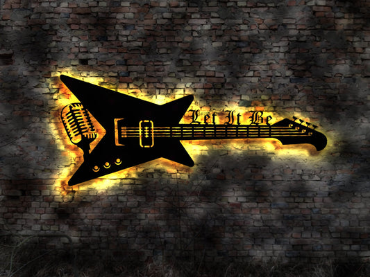 LED Leuchtschild Let it BE  Guitar Gitarre Guitar Leuchtreklame Schild Neonreklame sign  Wunschtext Anfertigung nach Wunsch Holzschild