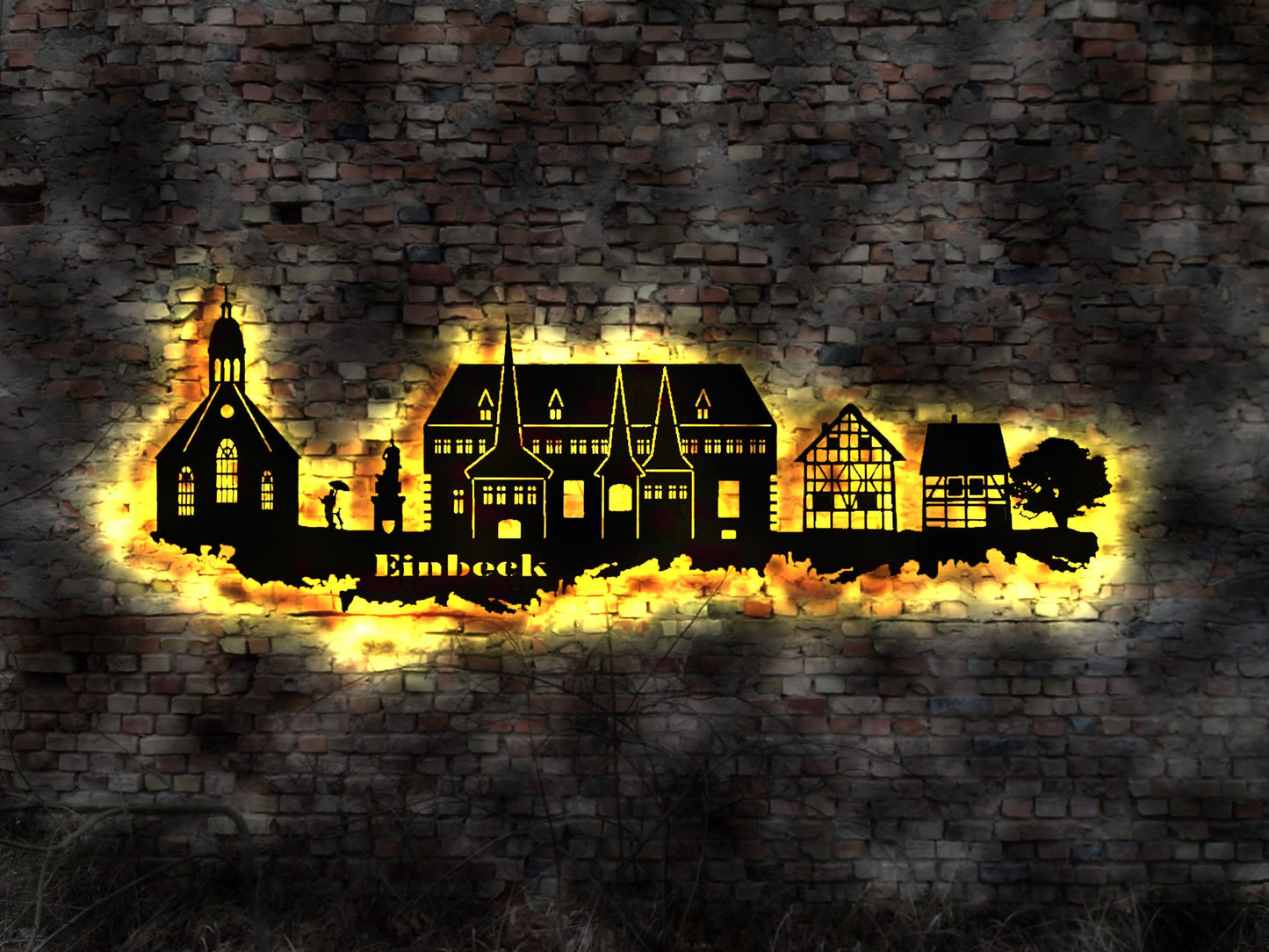 Skyline Einbeck  LED Wandbild Holz Stadt AK Karte Map Stadtplan Wandsticker Leuchtbild Neonreklame Wandtattoo Reiseführer Silhouette