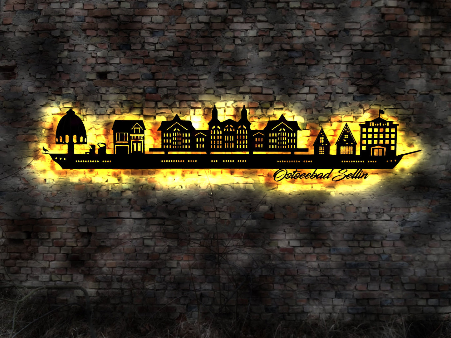 Skyline Ostseebad Sellin Wandbild Holz Stadt AK Karte Map Stadtplan Wandsticker Leuchtbild  Wandtattoo Reiseführer Silhouette