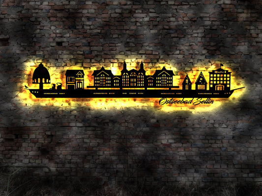 Skyline Ostseebad Sellin Wandbild Holz Stadt AK Karte Map Stadtplan Wandsticker Leuchtbild  Wandtattoo Reiseführer Silhouette