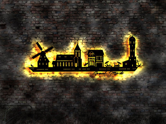 Skyline Ostseebad Graal Müritz Graal-Müritz Holz Stadt AK Karte Map Stadtplan Wandsticker Leuchtbild  Wandtattoo Reiseführer Silhouette