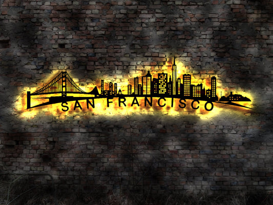 Skyline San Francisco LED Wandbild Holz Stadt AK Karte Map Stadtplan Wandsticker Leuchtbild Neonreklame Wandtattoo Reiseführer Silhouette