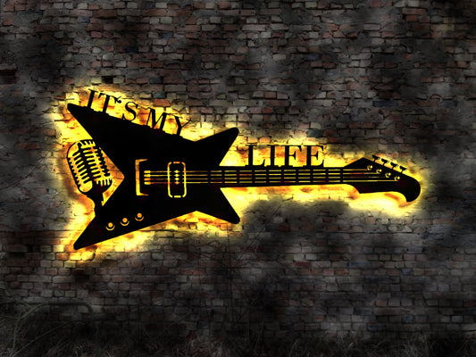 LED Leuchtschild It's Its my Life it s Gitarre Guitar Leuchtreklame Schild Neonreklame sign  Wunschtext Anfertigung nach Wunsch Holzschild