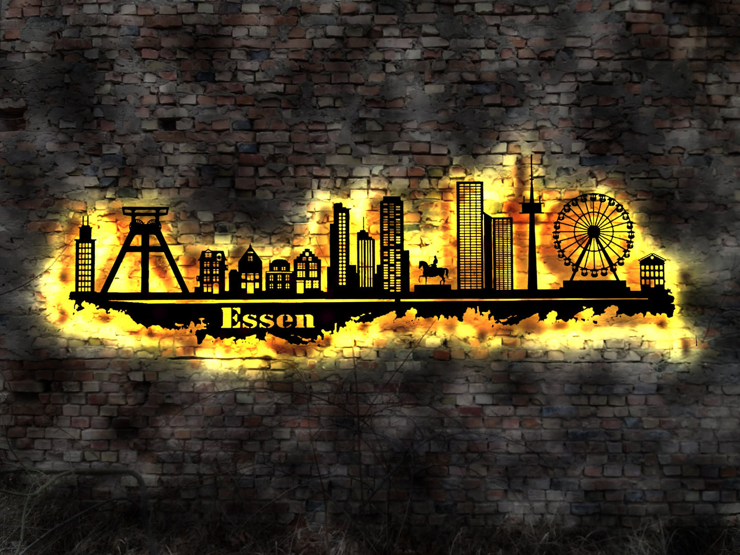 Skyline Essen  Wandbild Holz Stadt AK Karte Map Stadtplan Wandsticker Leuchtbild Neonreklame Wandtattoo Reiseführer Silhouette