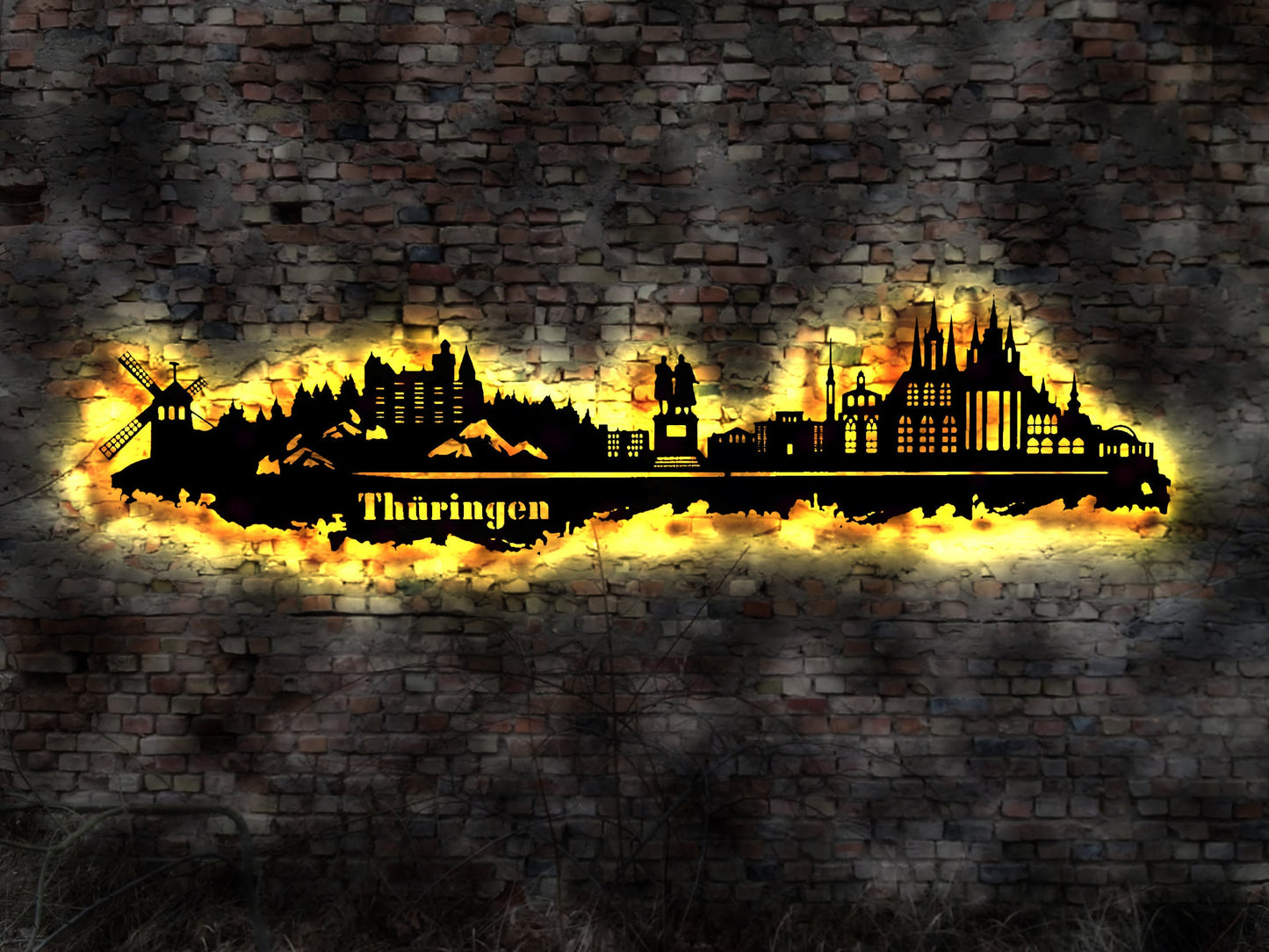 Skyline Bundesland Thüringen LED Wandbild Holz Stadt AK Karte Stadtplan Wandsticker Leuchtbild Dresden  Wandtattoo Reiseführer Silhouette