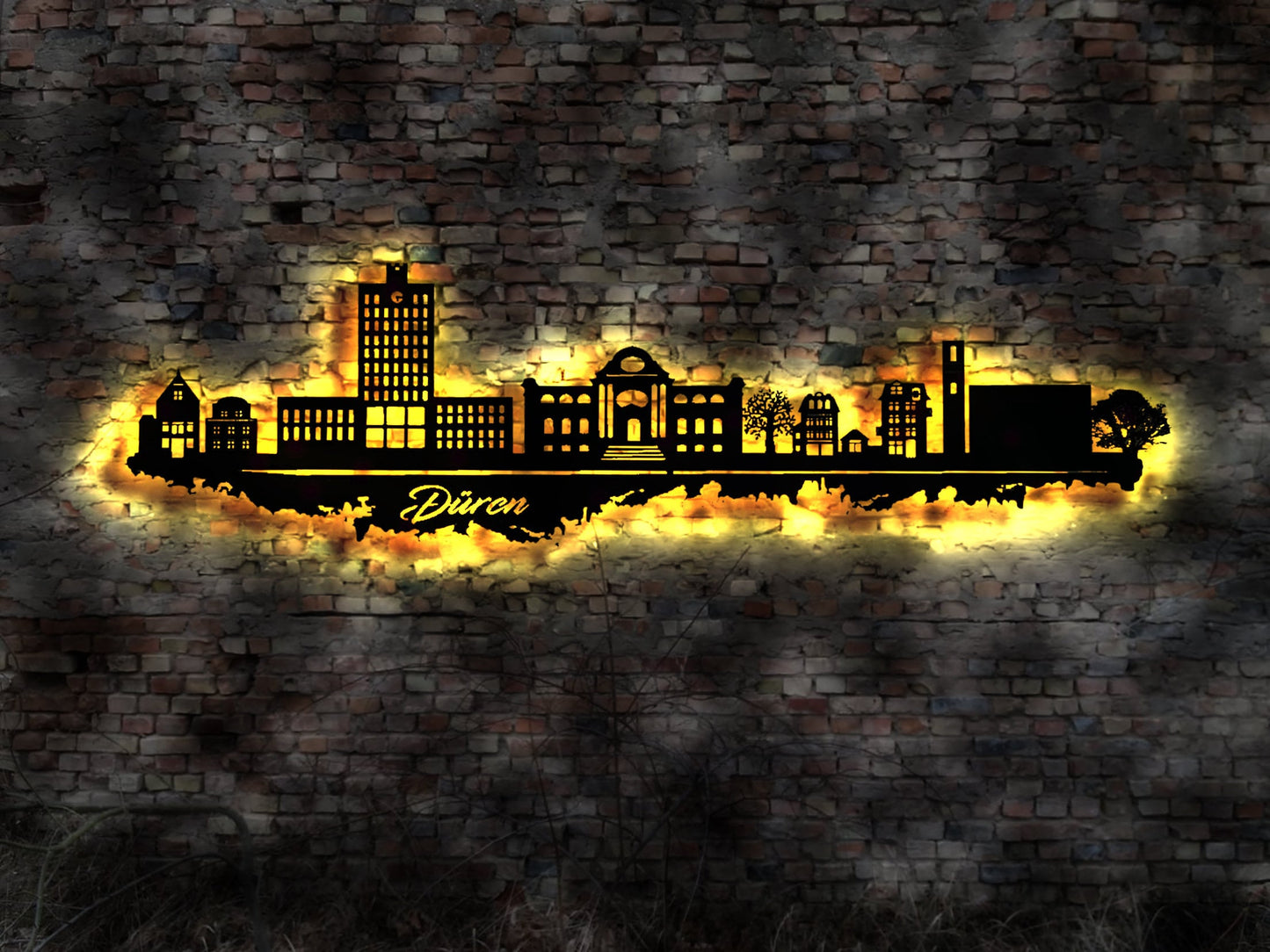 Skyline Düren  Wandbild Holz Stadt AK Karte Map Stadtplan Wandsticker Leuchtbild Neonreklame Wandtattoo Reiseführer Silhouette