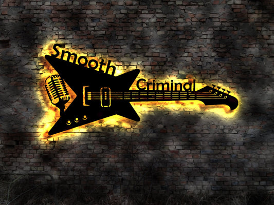 LED Leuchtschild Smooth Criminal  Gitarre Guitar Leuchtreklame Schild Neonreklame sign  Wunschtext Anfertigung nach Wunsch Holzschild