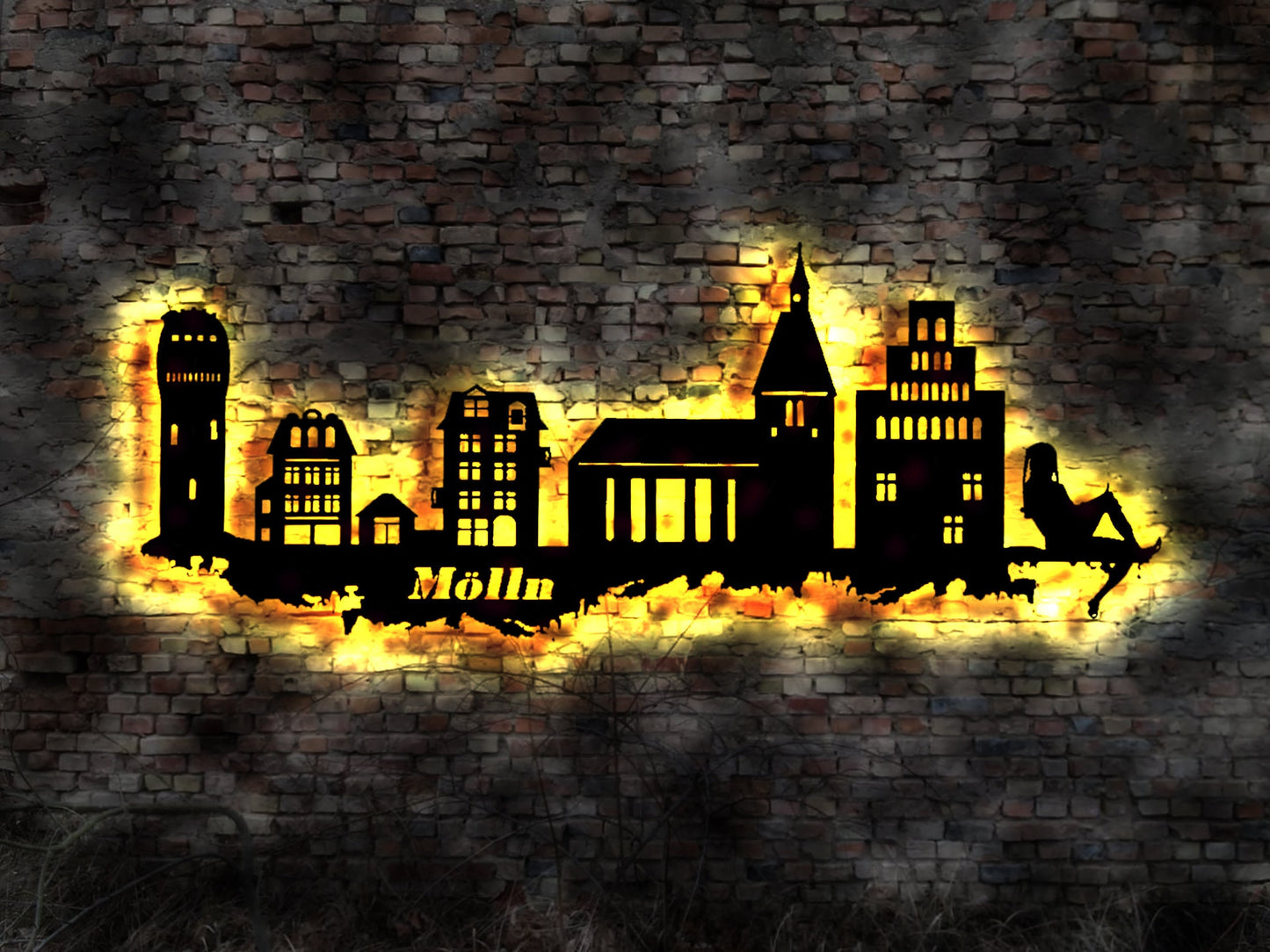 Skyline Mölln  LED Wandbild Holz Stadt AK Karte Map Stadtplan Wandsticker Leuchtbild Neonreklame Wandtattoo Silhouette Plan Stadtführer