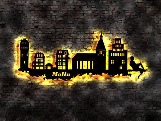 Skyline Mölln  LED Wandbild Holz Stadt AK Karte Map Stadtplan Wandsticker Leuchtbild Neonreklame Wandtattoo Silhouette Plan Stadtführer