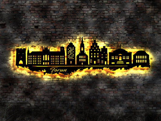 Skyline Torun LED Wandbild Holz Stadt AK Karte Map Stadtplan Wandsticker Leuchtbild Neonreklame Wandtattoo Silhouette Plan Stadtführer